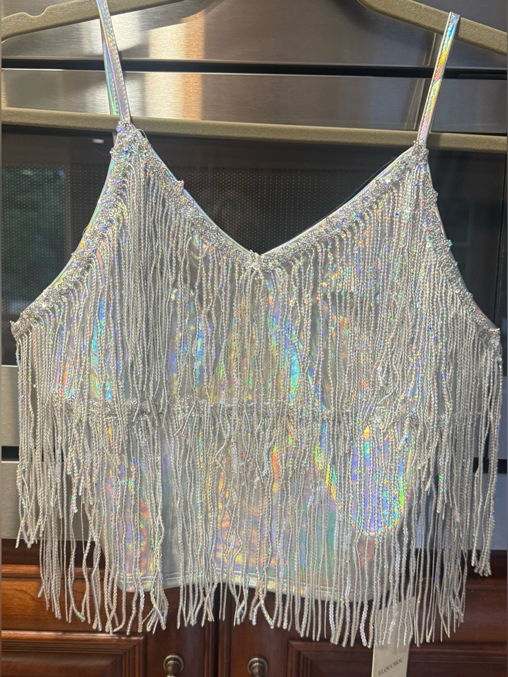 Holographic Fringe Spaghetti Strap Tank Top - Iridescent Silver